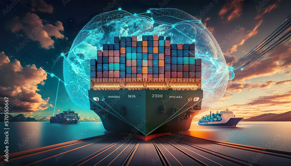 Cargo ship transporting containers across international waters