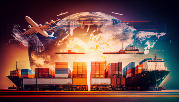 Modern cargo ship and airplane representing global logistics
