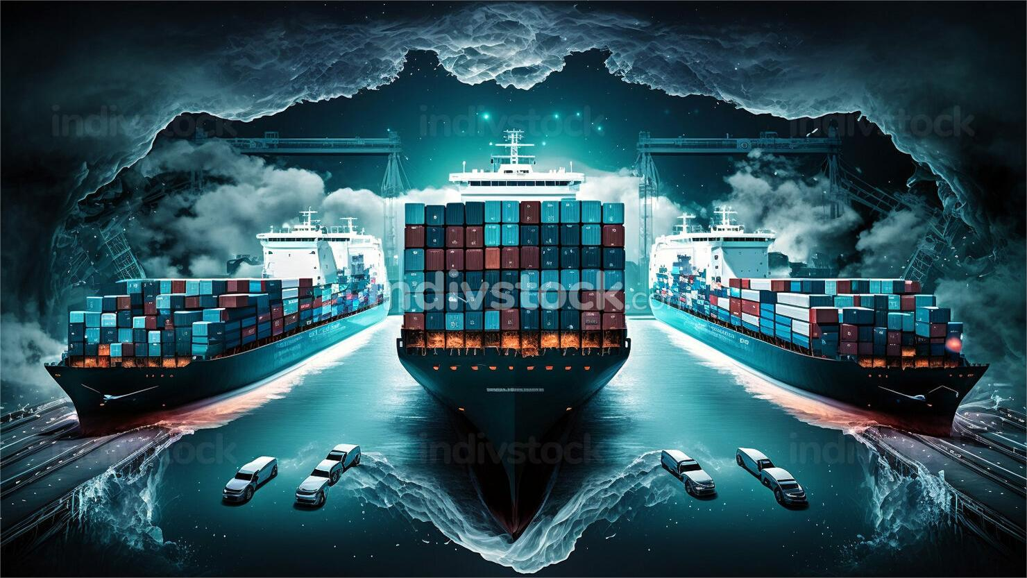 Modern cargo ship and airplane representing global logistics services
