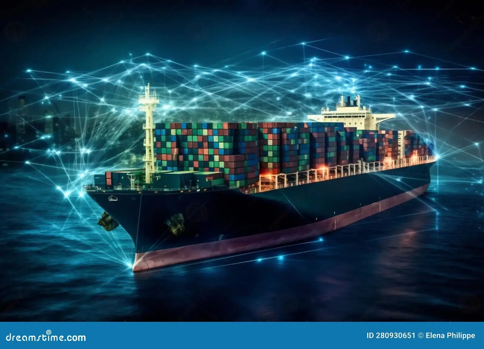 Container ship at a busy international port